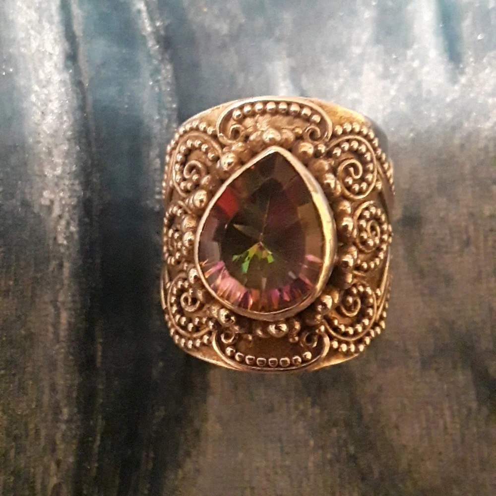 Mystic topaz Bali design Sterling silver teardrop ring sz 5.75 - Picture 7 of 12
